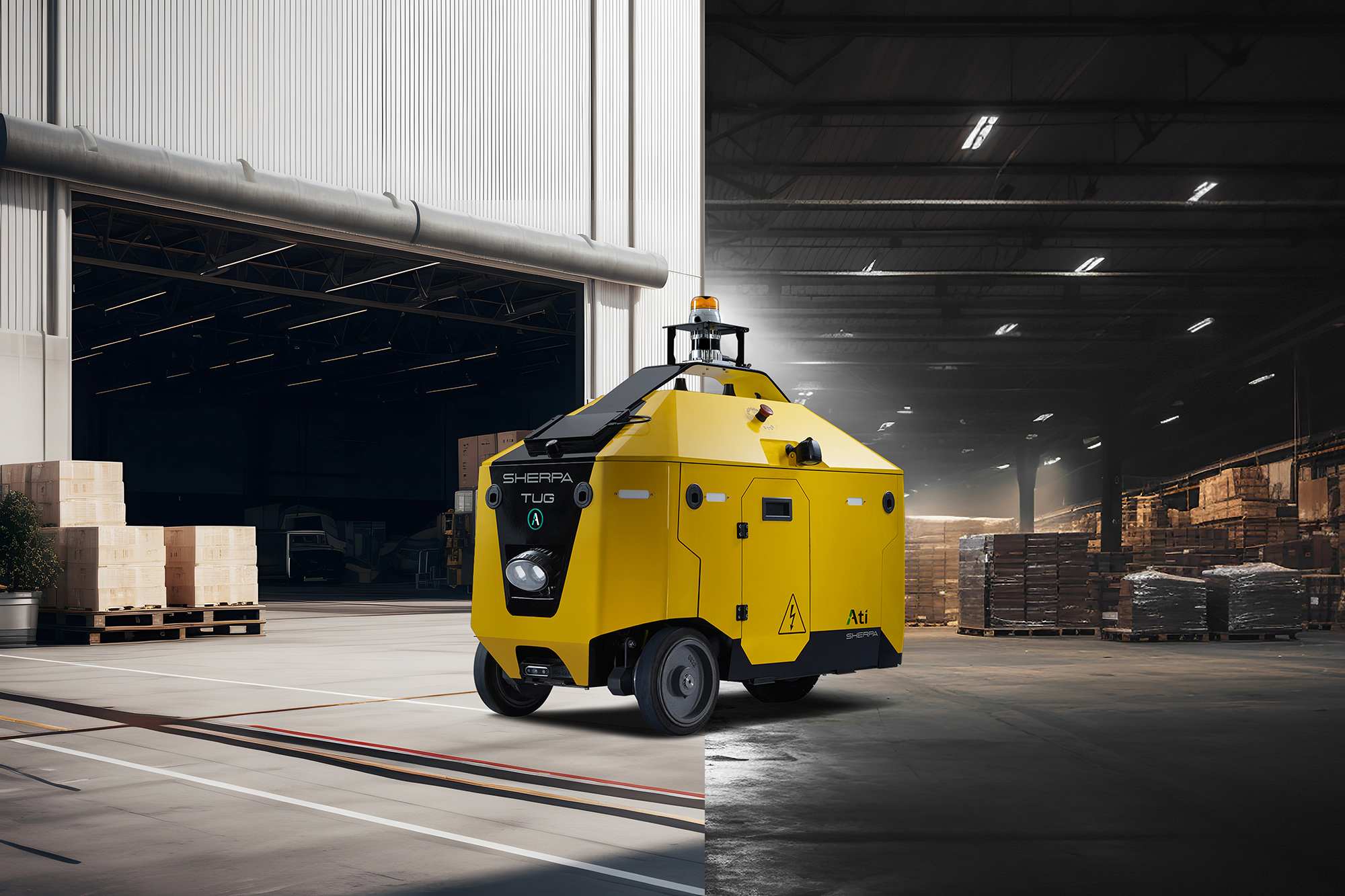 Ati Robotics Sherpa autonomous mobile robot transitioning between indoor and outdoor industrial environments
