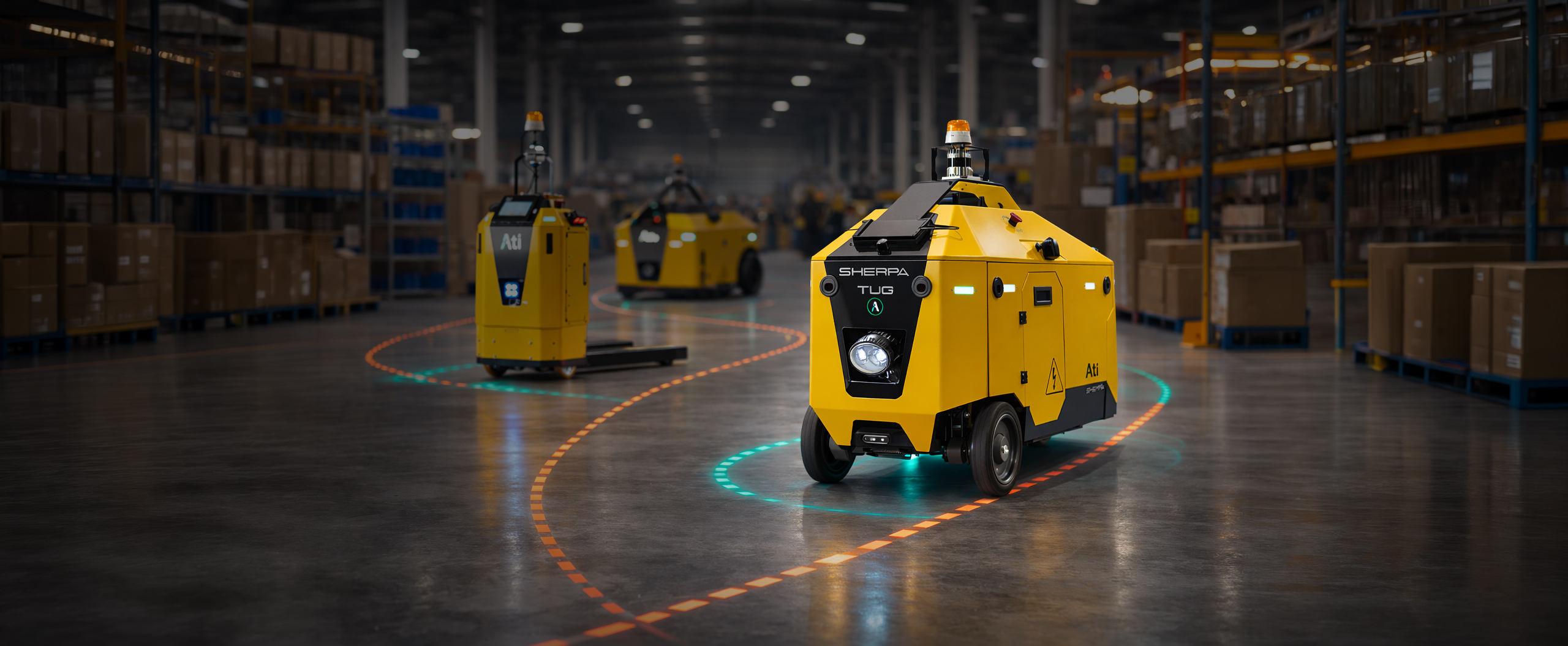 Manufacturing facility floor with Ati Robotics autonomous mobile robots operating across industrial production environments
